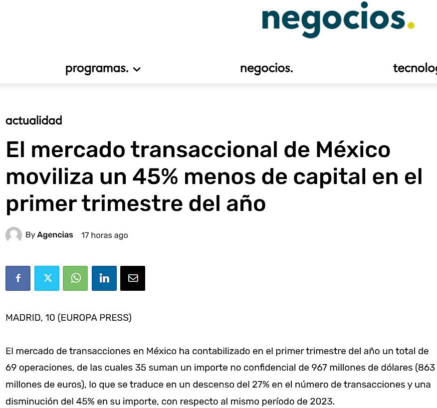 El mercado transaccional de Mxico moviliza un 45% menos de capital en el primer trimestre del ao